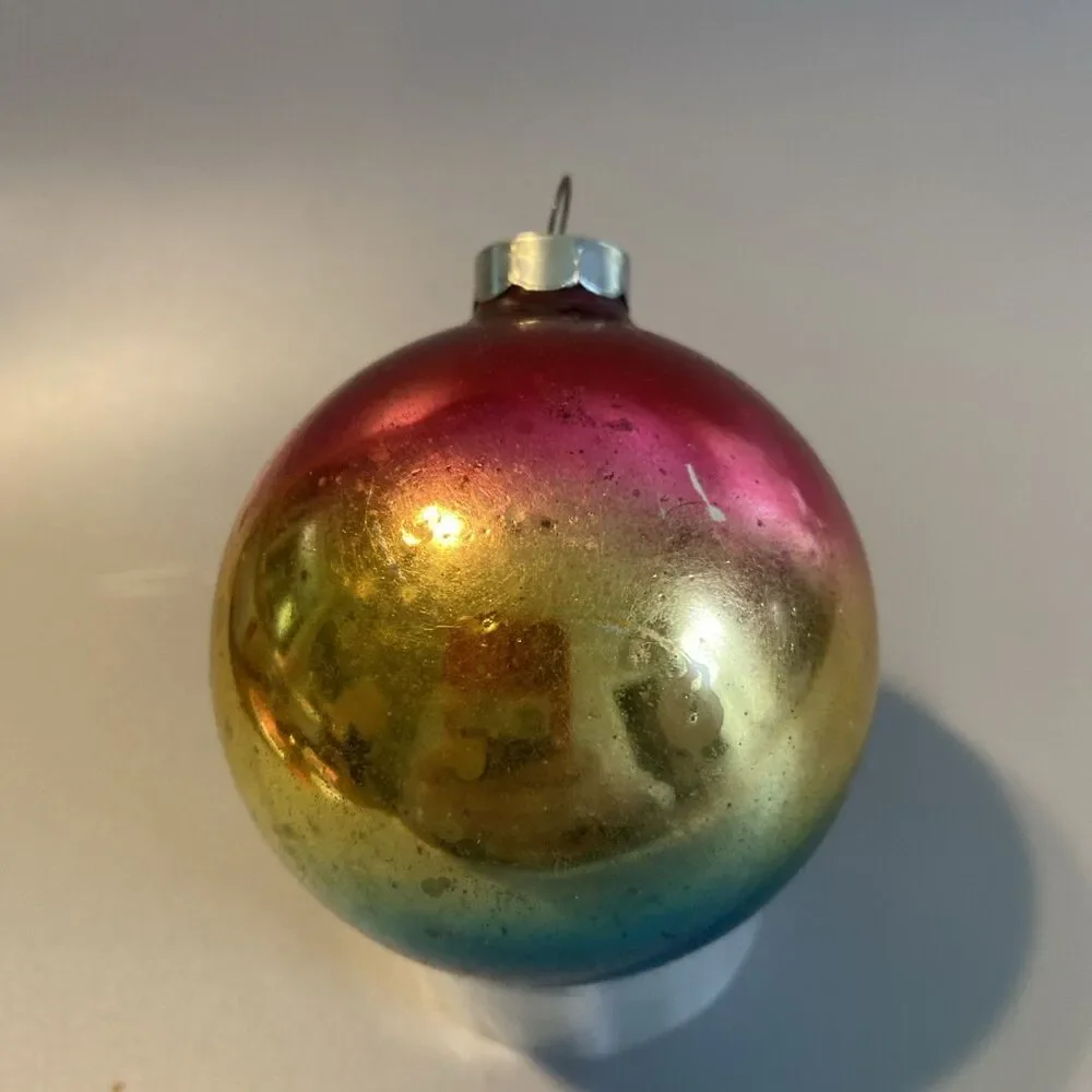 Vintage Christmas Ombre Glass Ornament Hand Made In USA Blue Red Pink Gold Fade